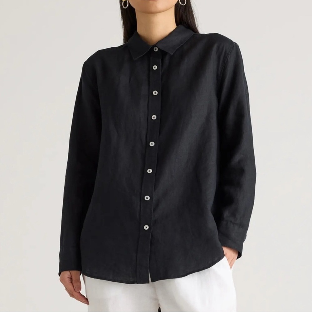 Quince European Linen Button Front Long Sleeve Top Black Women's Size Small